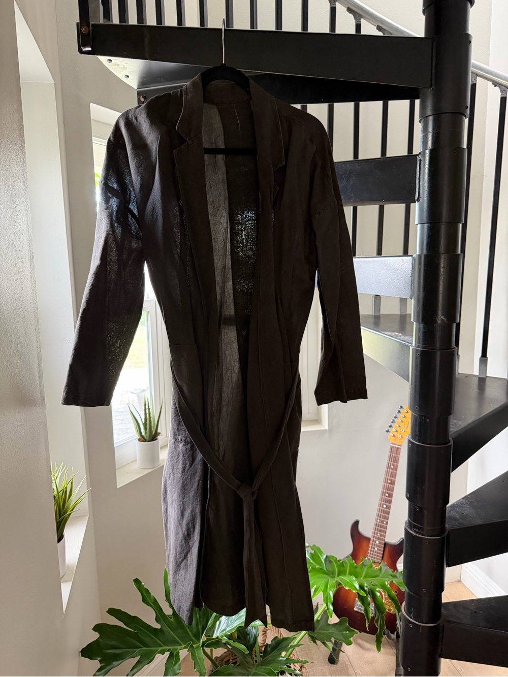 Women’s Long Belted Coat in Washed Black